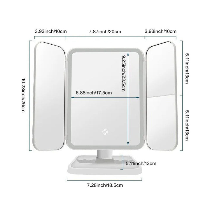 Lighted trifold vanity mirror featuring bright, adjustable LEDs for flawless makeup and beauty routines.