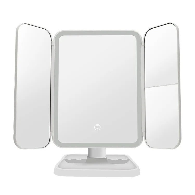 Essential women's trifold cosmetic mirror with adjustable LED illumination for perfect grooming.