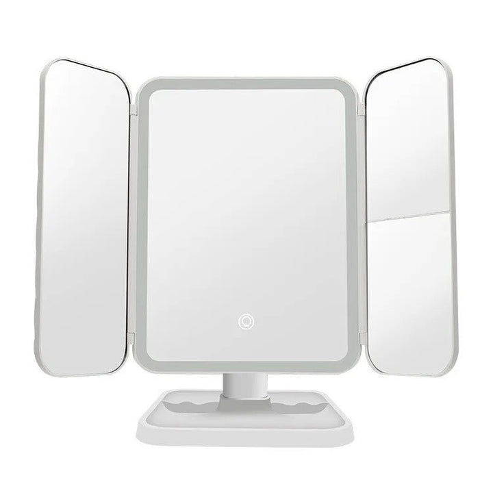 Essential women's trifold cosmetic mirror with adjustable LED illumination for perfect grooming.