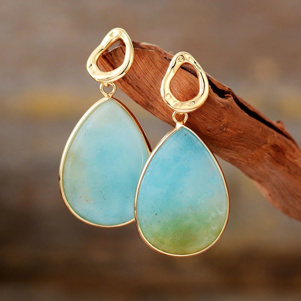 Women's tropical amazonite dangle earrings, handmade gemstone jewelry for a stylish look.