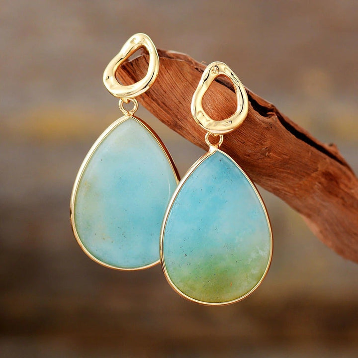 Women's tropical amazonite dangle earrings, handmade gemstone jewelry for a stylish look.