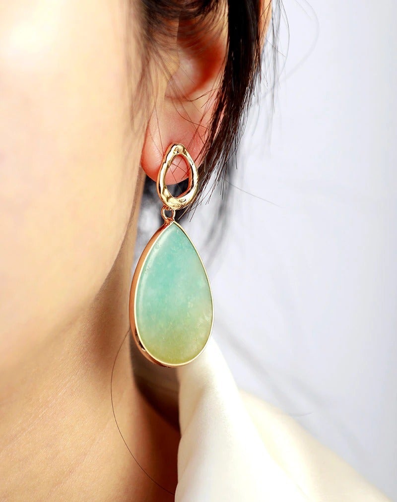 Elegant tropical amazonite dangle earrings for women, featuring natural healing crystals.