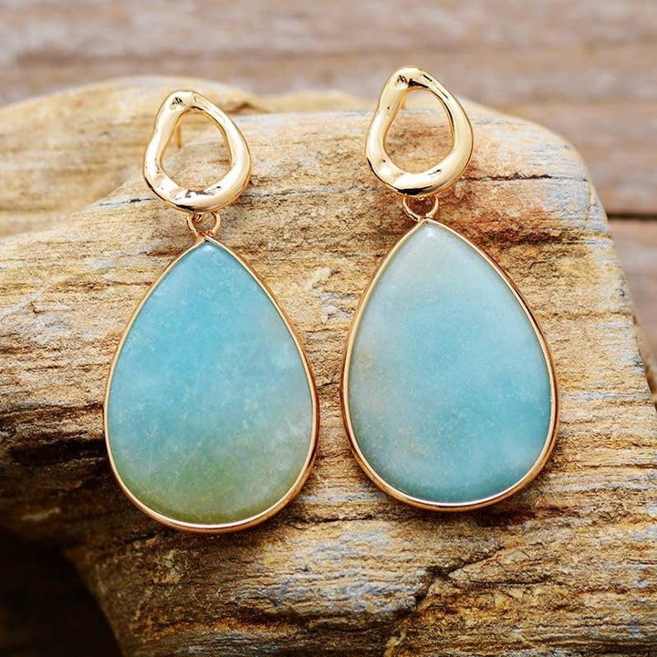 Beautiful women's amazonite dangle earrings, tropical style healing crystal jewelry.