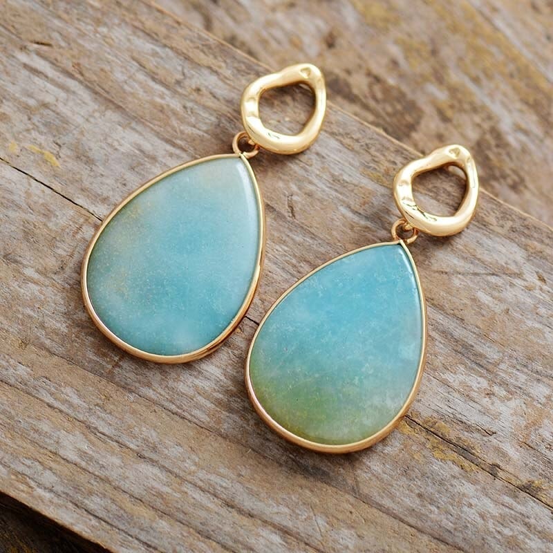 Vibrant tropical amazonite dangle earrings, women's healing crystal gemstone jewelry.