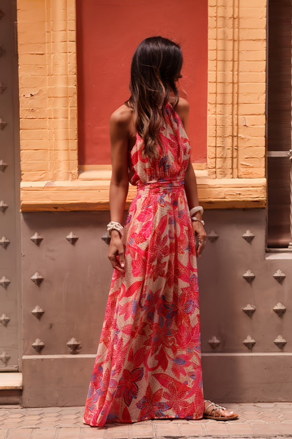Women's Tropical Halter Maxi Dress with vibrant floral print, perfect for beach vacations & resort wear.