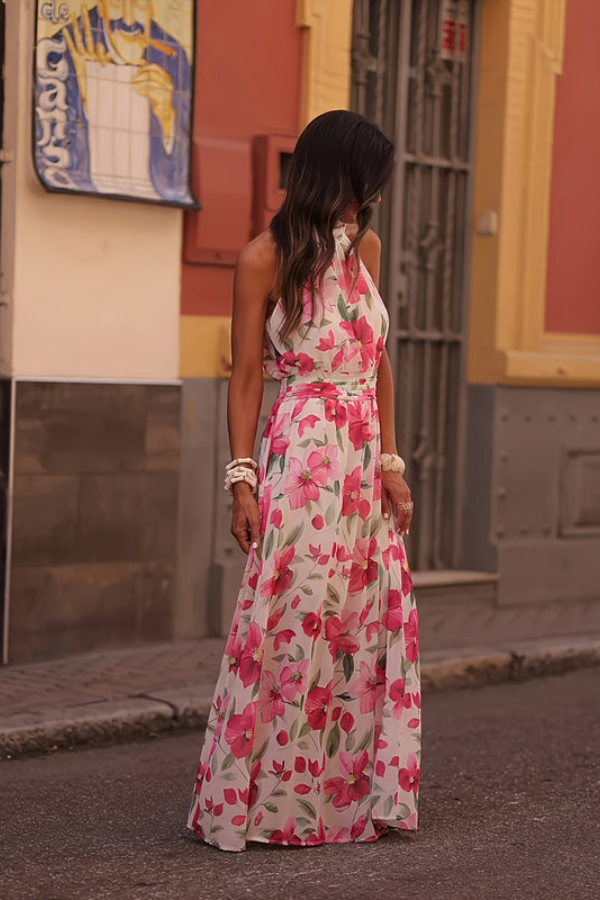 Lightweight tropical floral maxi dress for women, a keyhole halter neck perfect for warm weather & resort.