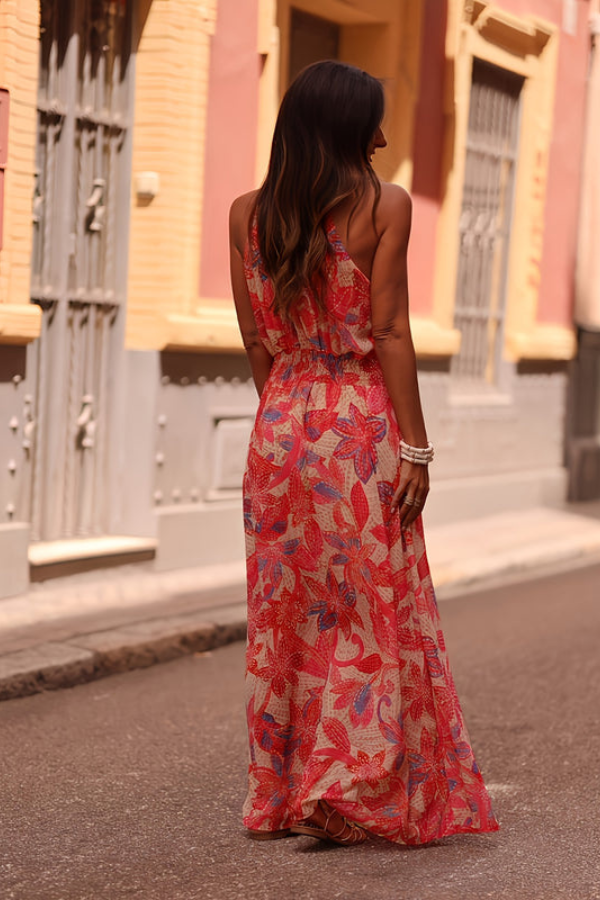 Chic tropical print maxi dress for women, ideal as summer beachwear or elegant evening resort attire.