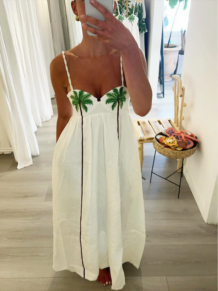 Lightweight women's tropical palm print strappy dress, Estelle, offering a chic and comfortable look for summer.