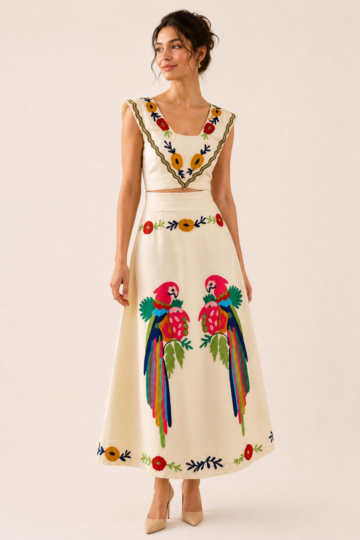 Women's tropical print crop top & flowy maxi skirt set, perfect two-piece summer vacation outfit for beach resort.