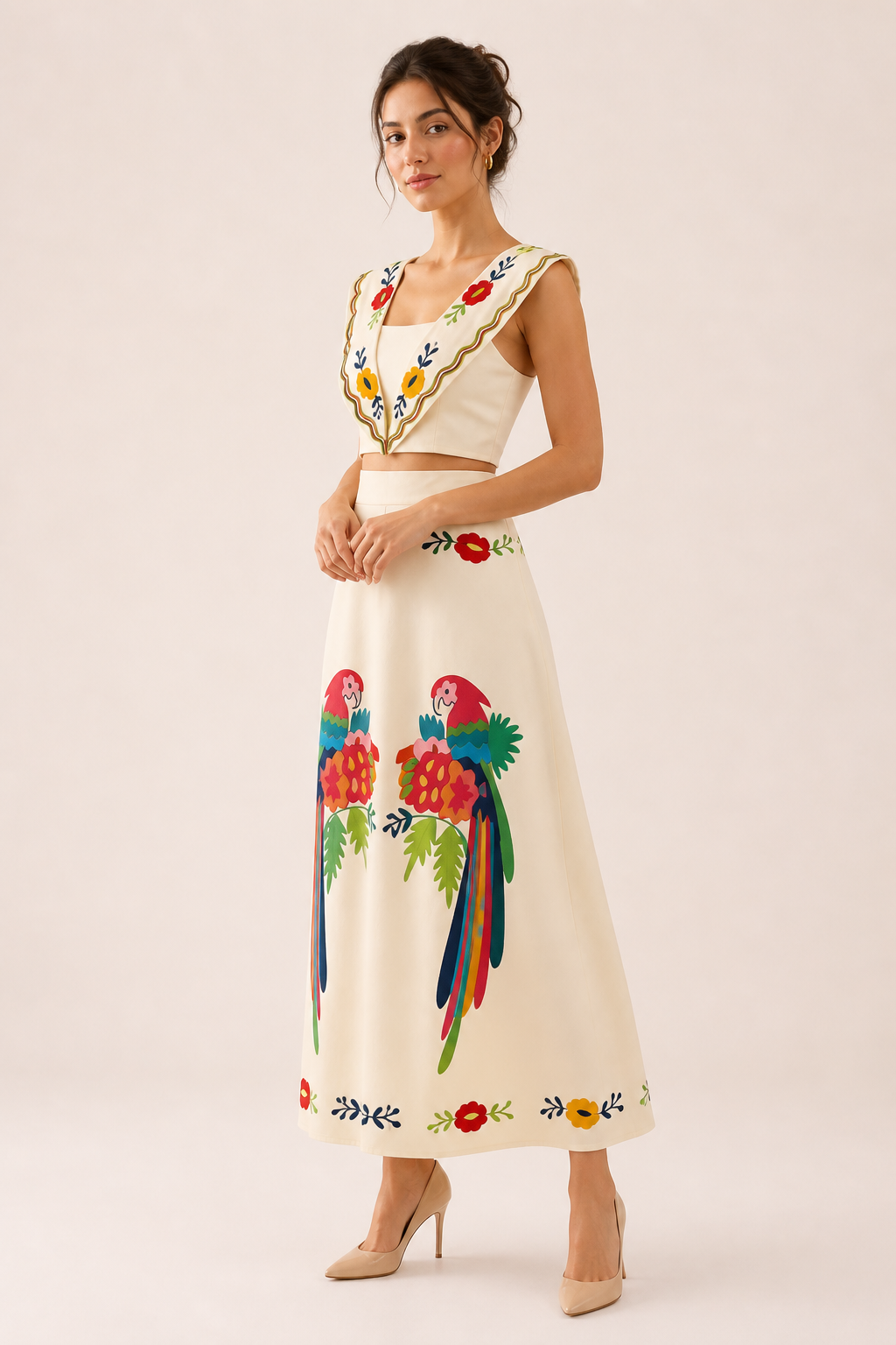 Vibrant tropical print crop top and matching maxi skirt, a stylish two-piece set for women's summer beach fashion.
