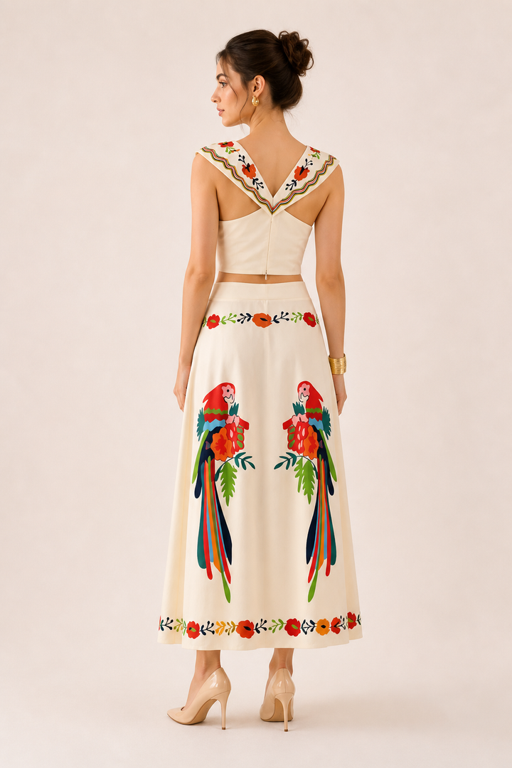 Flowy tropical print maxi skirt & sleeveless crop top set for women. Ideal for comfortable, chic summer vacation wear.