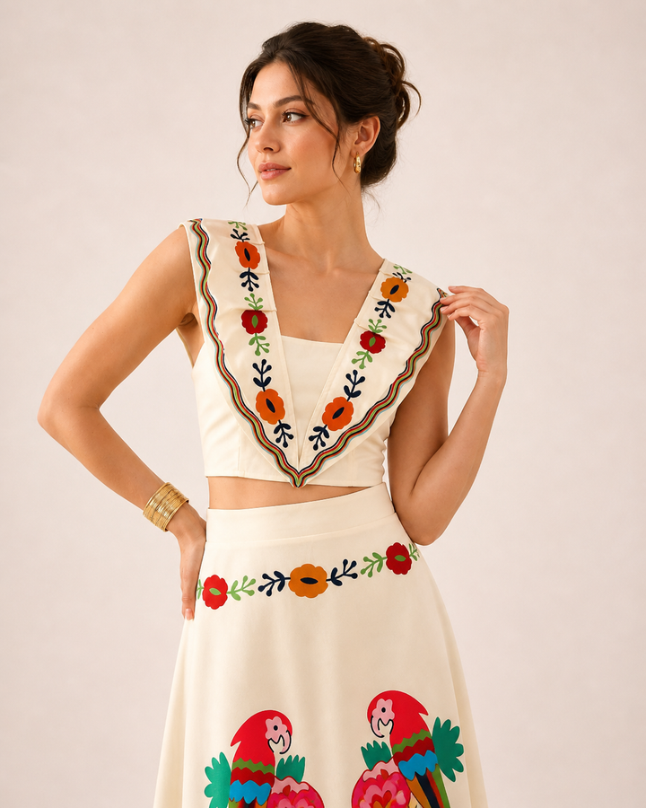 Trendy women's tropical print two-piece set: crop top & long flowy skirt. Essential vacation resort wear for sunny trips.