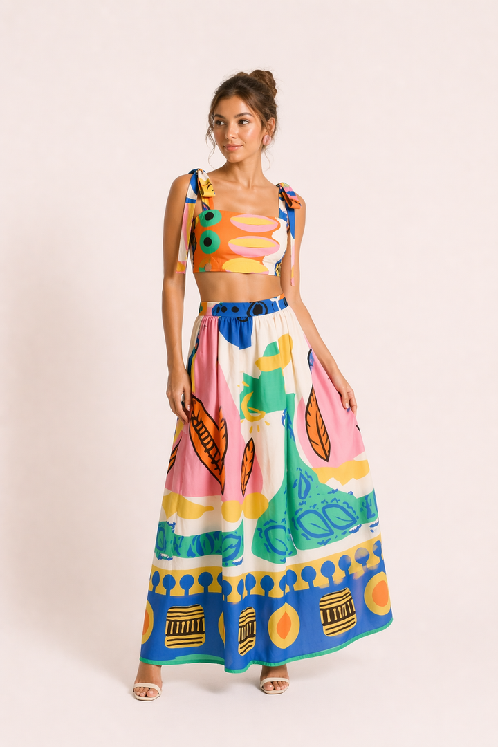 Women's tropical print crop top & high-waist maxi skirt set. Perfect for summer, vacation, or resort wear.