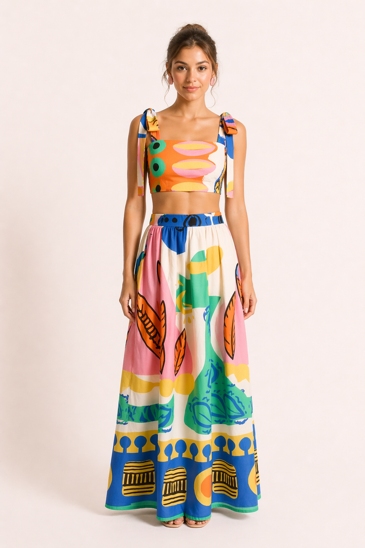 Vibrant tropical print coordinated set: women's crop top & maxi skirt. Ideal vacation wear, stylish summer outfit.