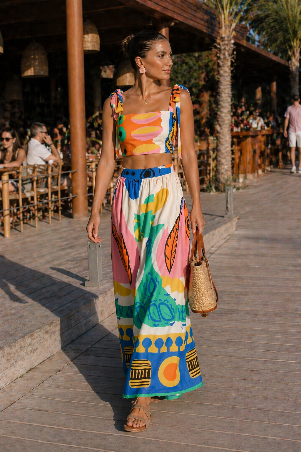 Tropical print crop top and maxi skirt set for women. A chic summer vacation outfit and beach fashion essential.