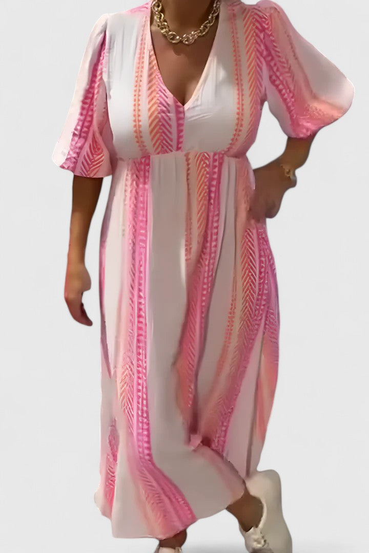 Women's tropical stripe V-neck puff sleeve maxi dress, perfect for summer resort wear & vacation.