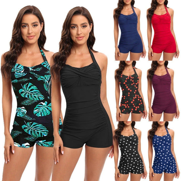 Women's tummy control one-piece swimsuit with sporty boyshort design, perfect for beach & pool.