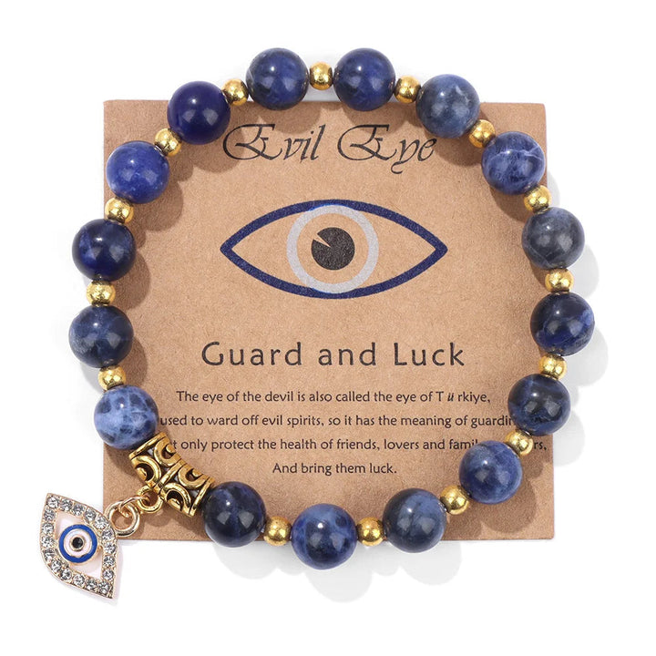Women's Turkish Evil Eye protection bead bracelet with blue sodalite. Spiritual good luck charm jewelry.