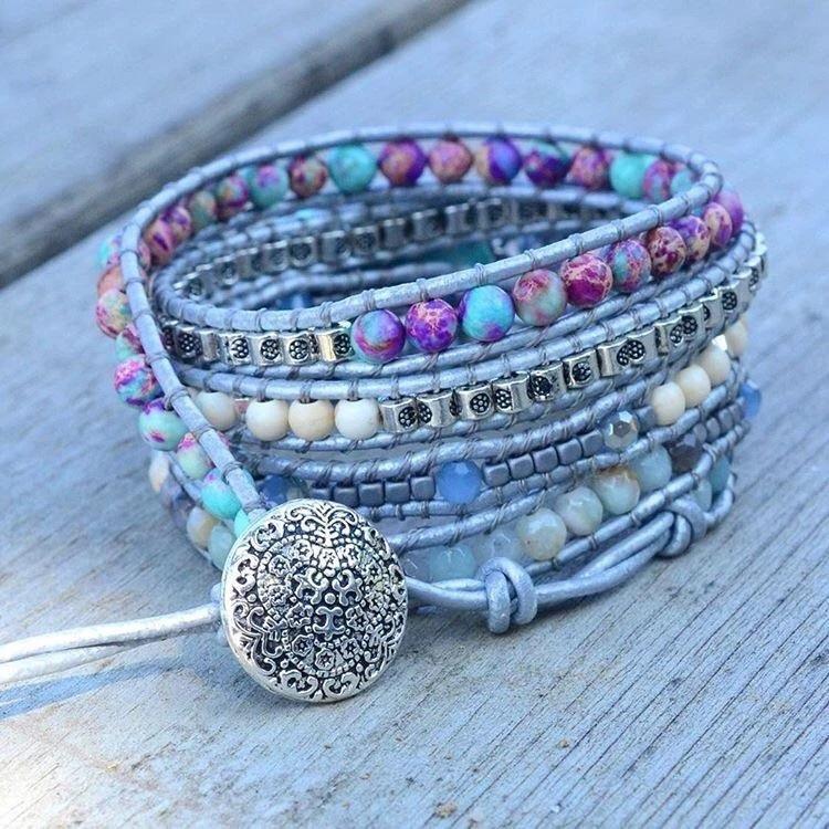 Close-up of a women's turquoise healing stone wrap bracelet, Selina design