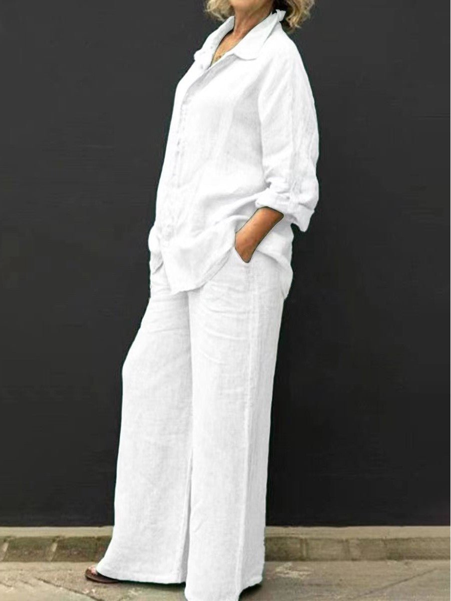 Linora women's two-piece summer outfit: comfortable cotton-linen blouse & trousers for an elegant warm-weather look.