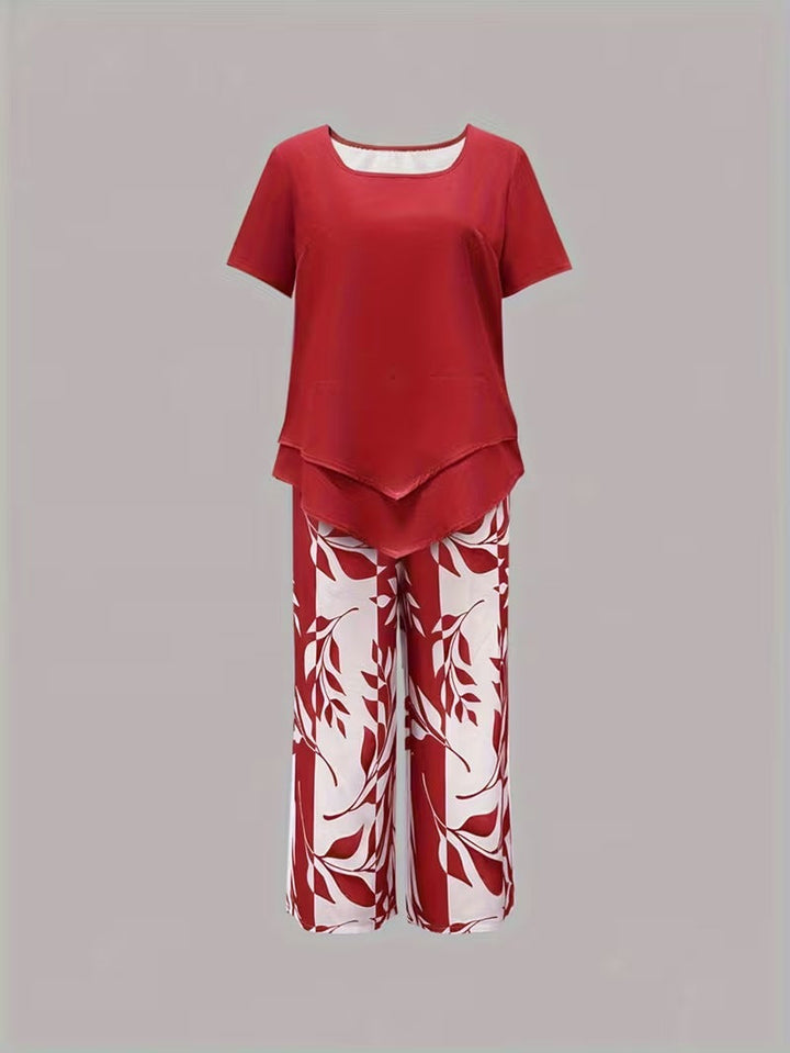 Comfortable women's leaf print pant set, a versatile two-piece for relaxed summer styling.