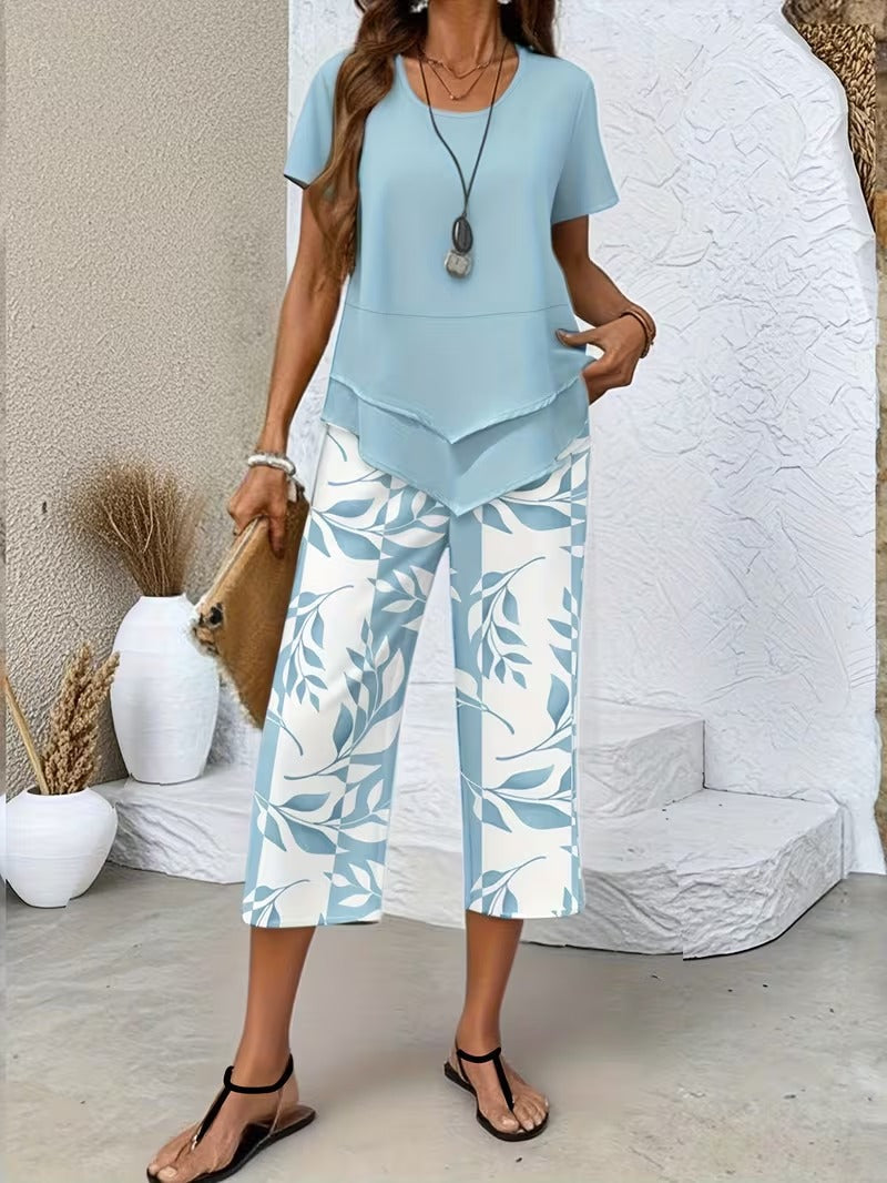 Stylish women's botanical print pant set, ideal for vacation wear & comfortable summer outfits.