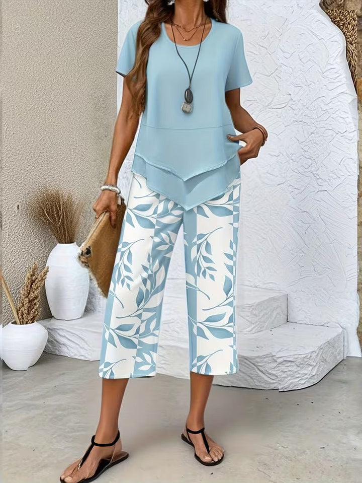Stylish women's botanical print pant set, ideal for vacation wear & comfortable summer outfits.