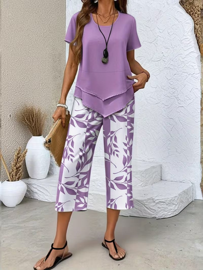 Relaxed fit women's pant set featuring a vibrant leaf print. Great for resort and warm weather style.