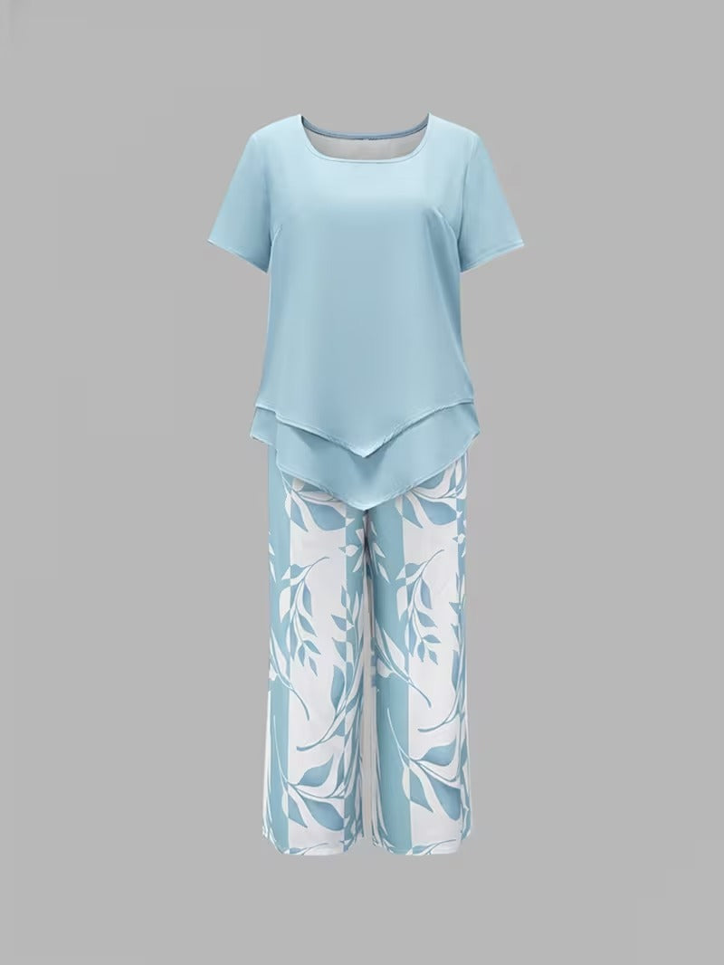 Vacation wear women's leaf print pant set, a breezy & fashionable casual outfit for sunny days.