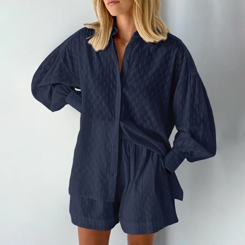 Chic women's two-piece summer outfit with lantern sleeves, great for vacation & casual fashion.