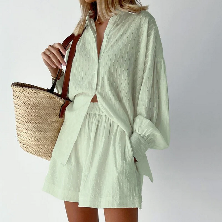 Women's casual two-piece summer shorts set with fashionable lantern sleeves, perfect for everyday.