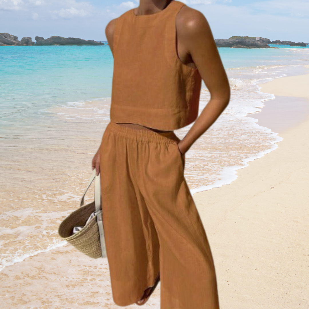 Women's two-piece summer set with sleeveless crop top & wide-leg cotton linen pants. Perfect for casual wear.