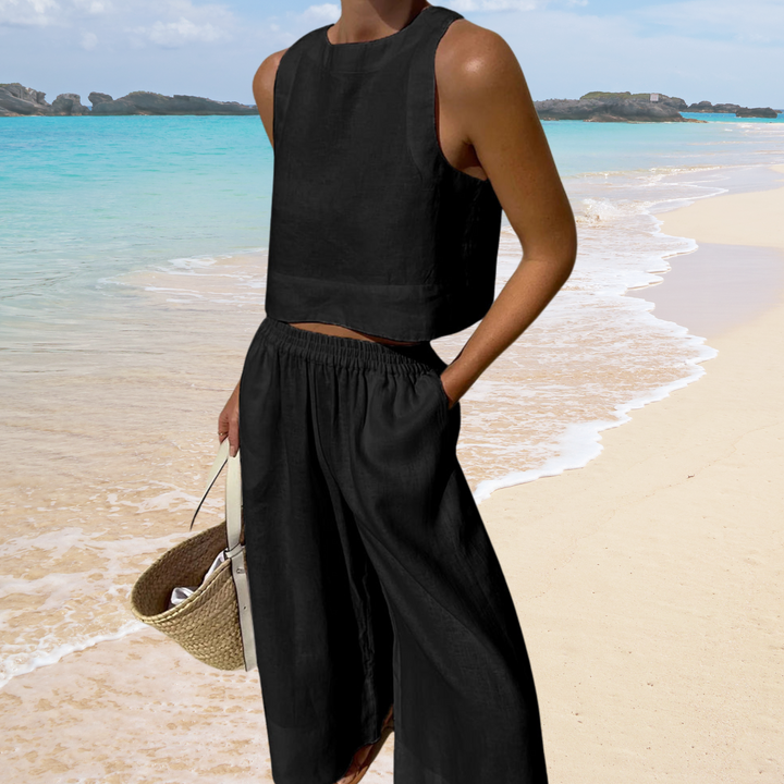 Comfortable women's wide-leg cotton linen pants from a casual two-piece summer set. Great for vacation outfits.
