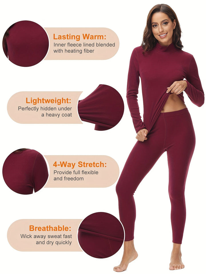 Complete two-piece thermal set for women. Long sleeve top & thermal leggings for winter warmth.