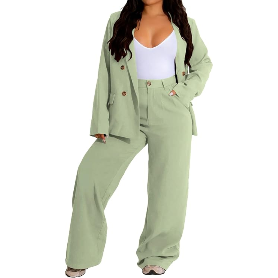 Women's two-piece tweed blazer and wide leg trousers business suit set in a professional office setting.