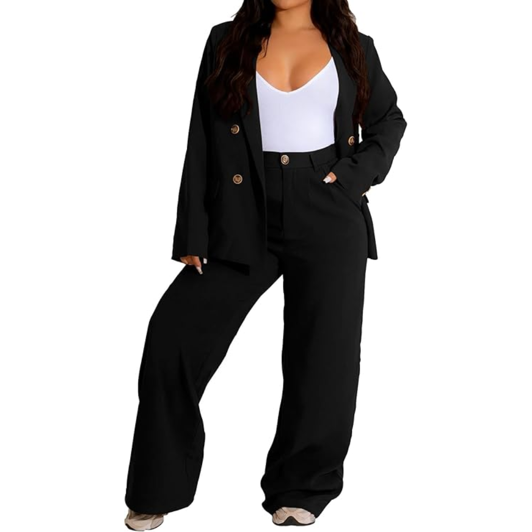 Chic women's two-piece suit featuring a tailored blazer and comfortable wide leg trousers.