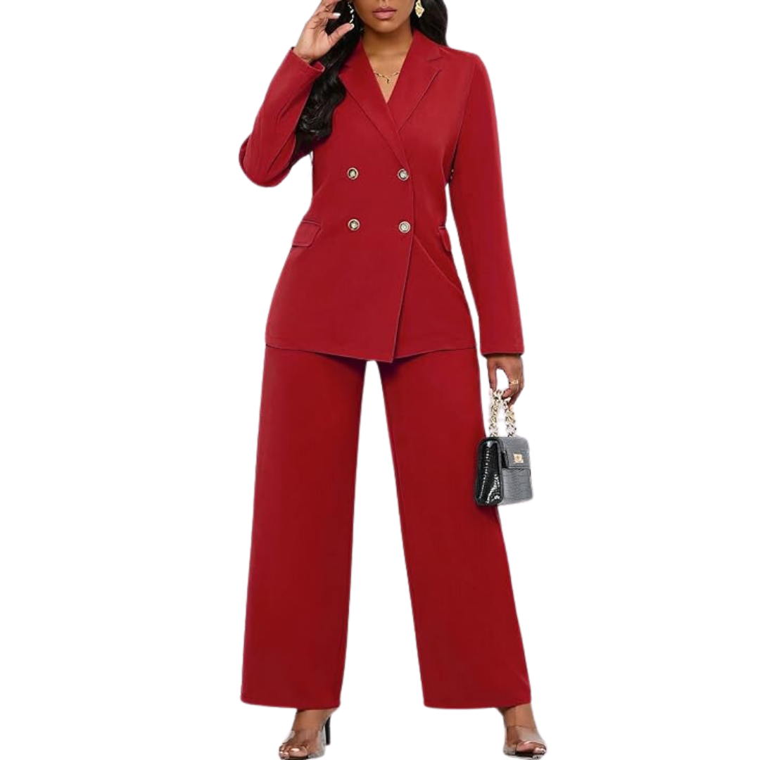 Sophisticated women's professional wear: a smart two-piece blazer and wide leg trousers suit.