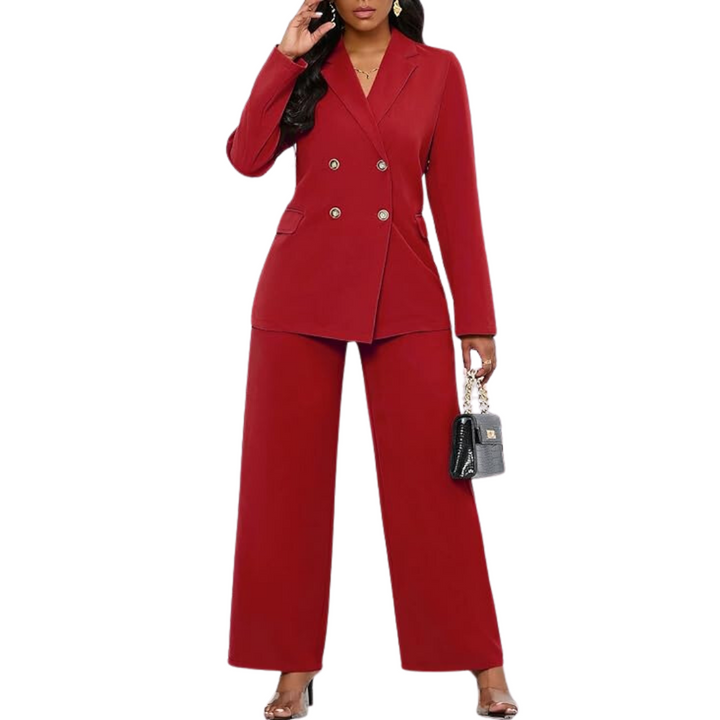 Sophisticated women's professional wear: a smart two-piece blazer and wide leg trousers suit.