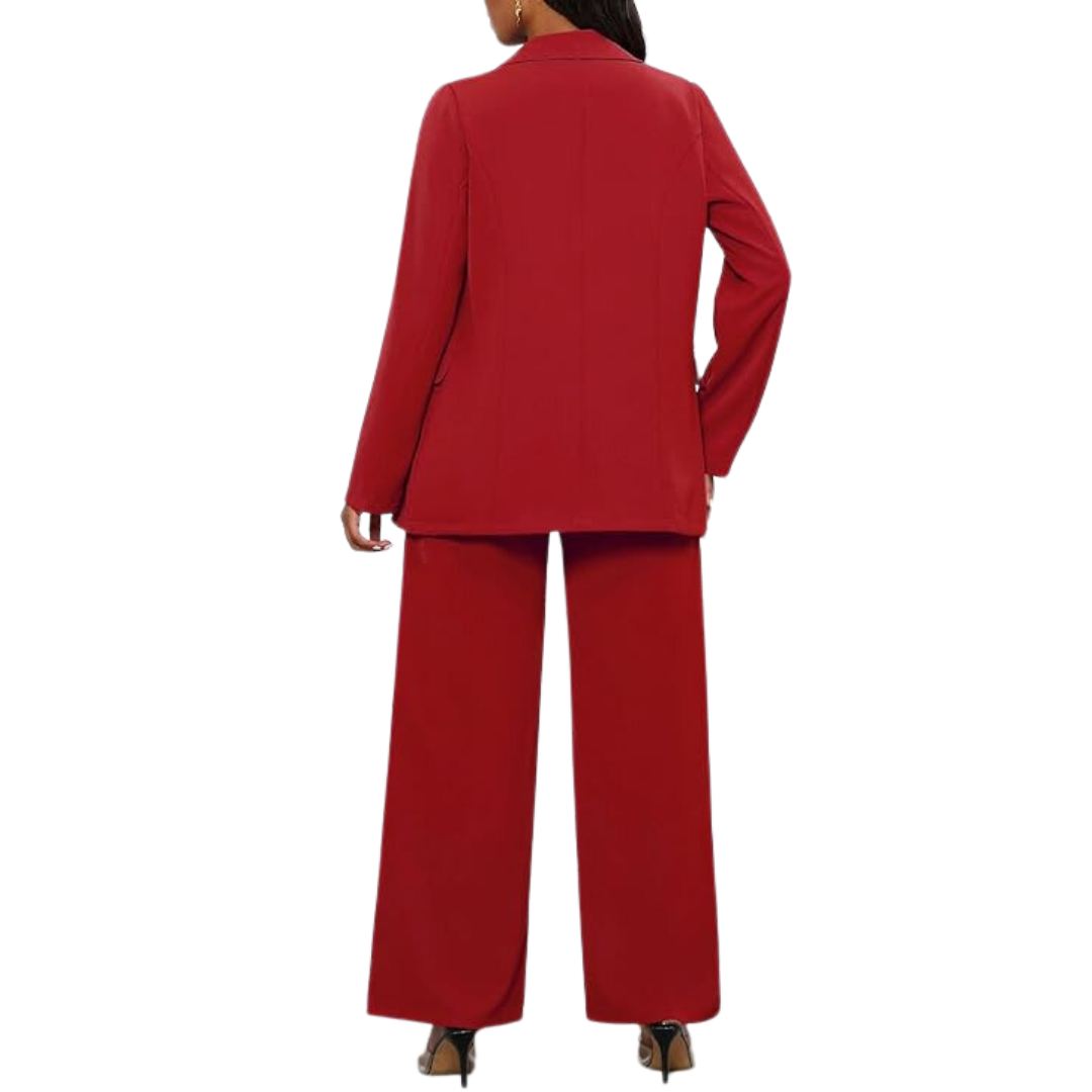 High-quality women's two-piece suit, including a stylish blazer and elegant wide leg trousers.