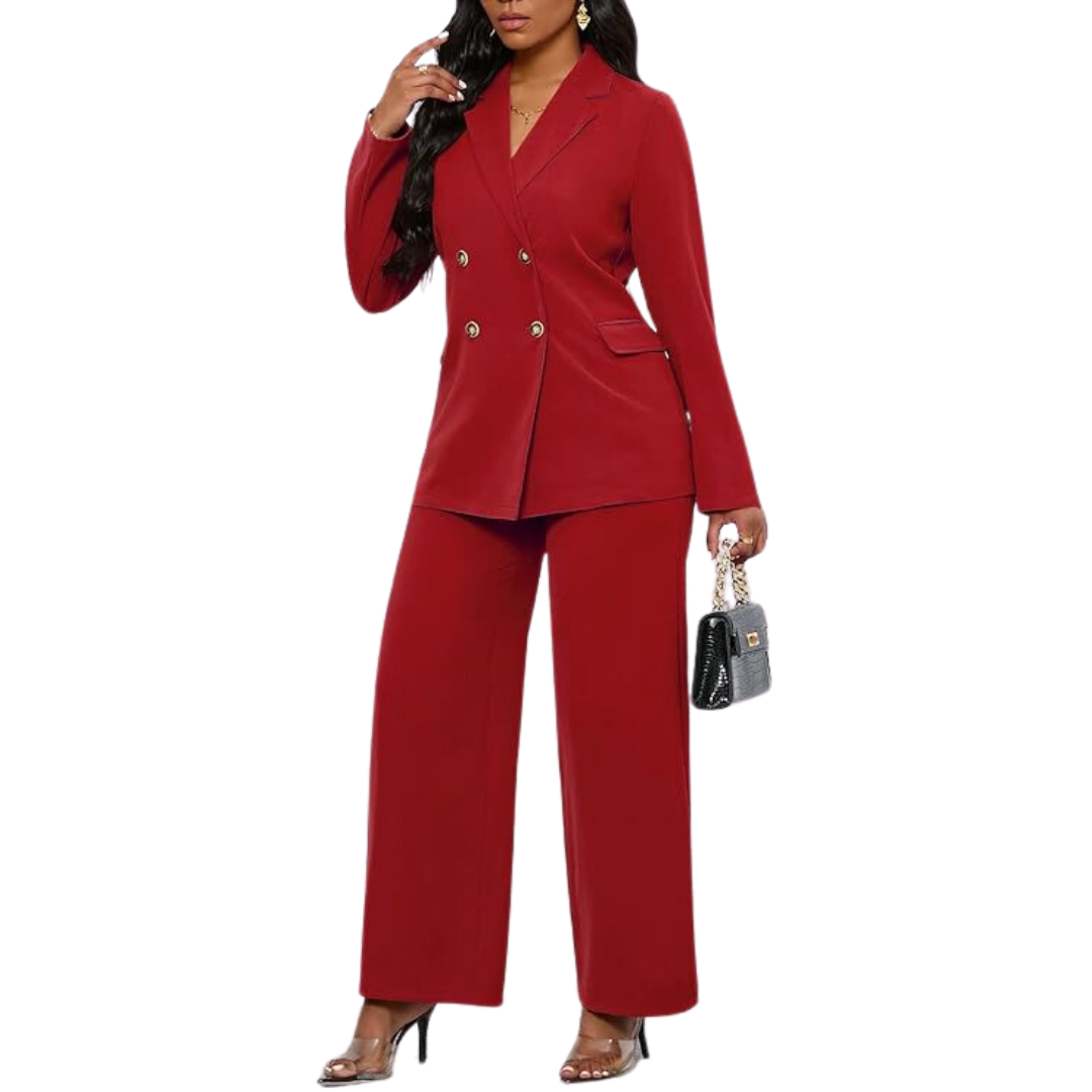 Modern women's business attire: a two-piece set with a sleek blazer and fashionable wide leg trousers.