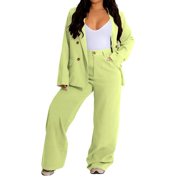 Stylish women's matching set: elegant blazer and flowing wide leg trousers for professional attire.
