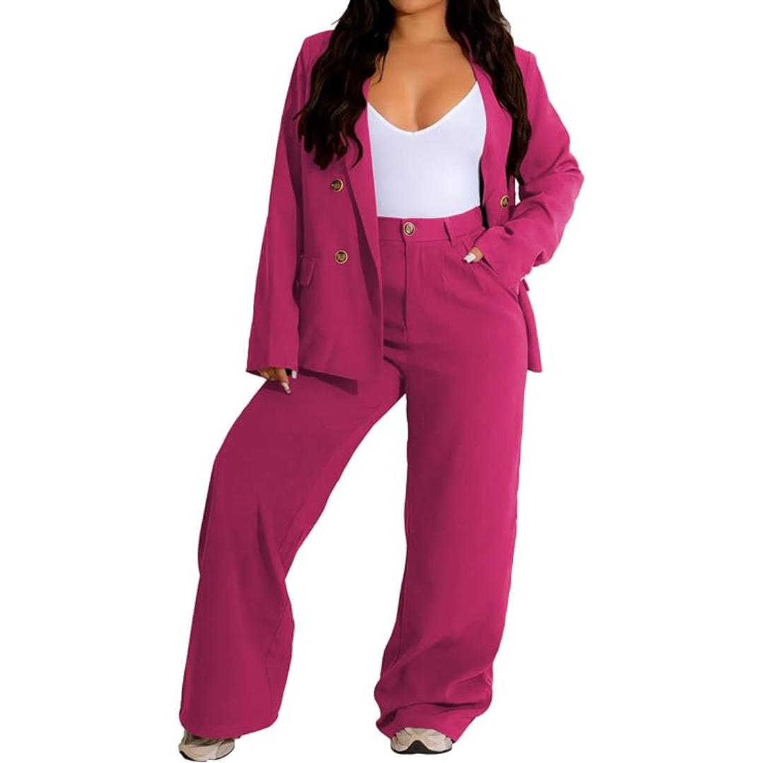 Full length view of a woman wearing a professional two-piece blazer and wide leg trousers suit.