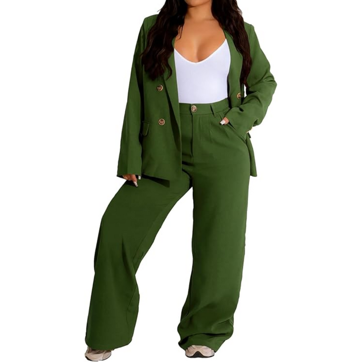 Empowering women's fashion: business suit with a classic blazer and modern wide leg trousers.