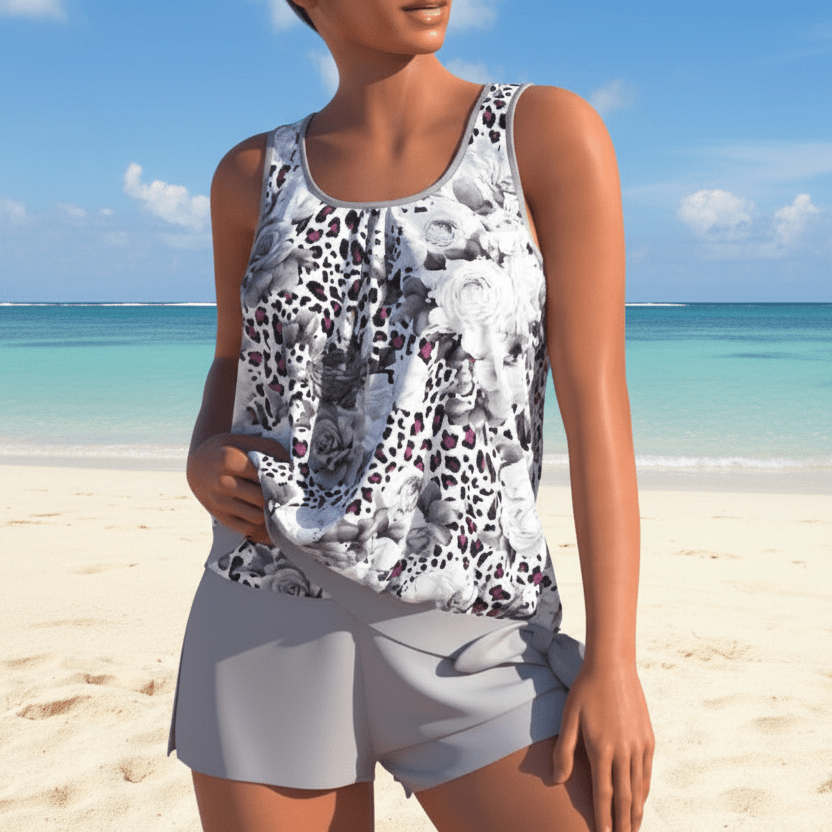 Ladies two-tone floral tankini set, chic women's swimwear for pool parties, beach, and summer vacation.