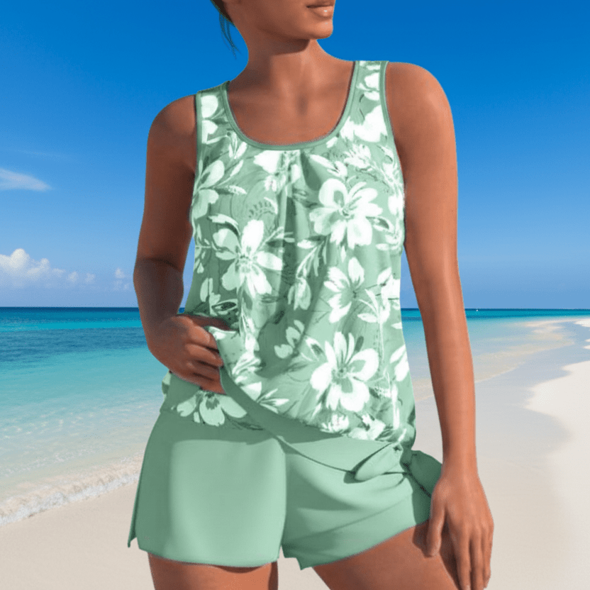 Vibrant two-tone floral tankini set, an elegant and flattering piece of women's summer beachwear.