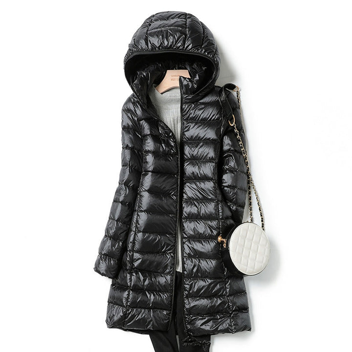 Women's insulated hooded puffer coat, ultra-light & warm, perfect casual winter outerwear.
