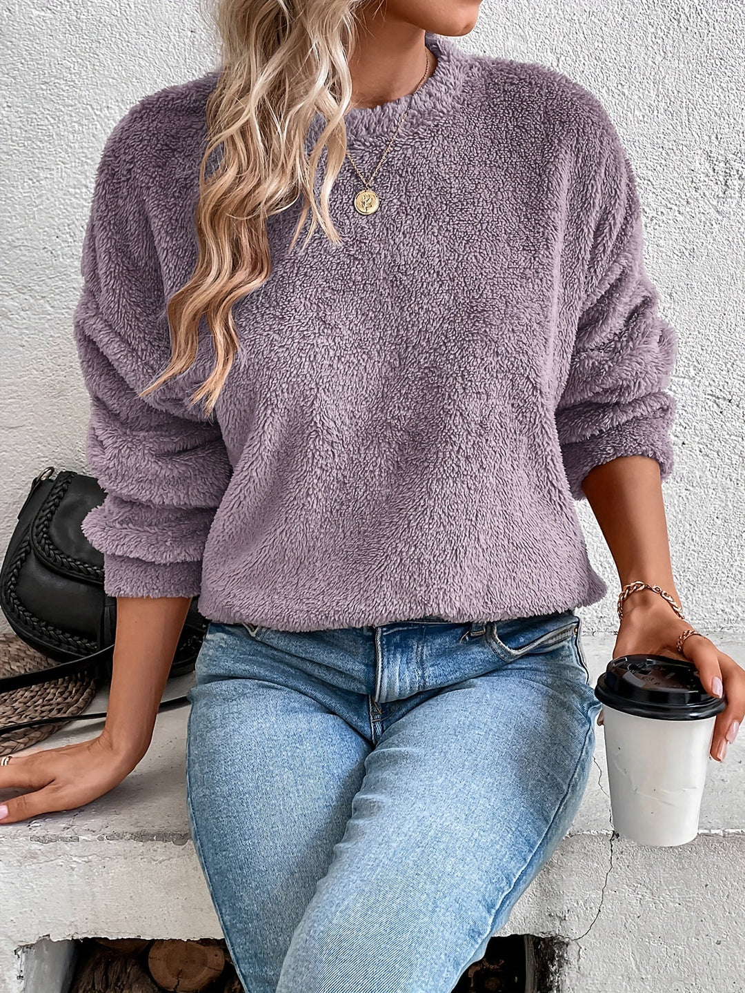 Livia women's fuzzy teddy pullover, an ultra-soft & warm long-sleeve sweatshirt for cozy comfort & casual style.