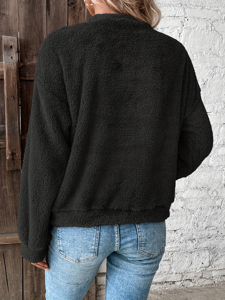 Livia women's fuzzy teddy pullover. Ultra-soft, warm, long-sleeve, round-neck sweatshirt for ultimate cozy comfort.