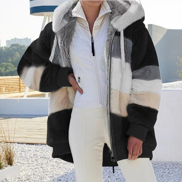 Trendy women's hooded plush jacket in a warm, cozy style, ideal for winter fashion.