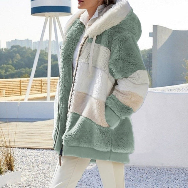 Cozy hooded plush jacket for women, an ultra-soft and warm winter outerwear piece for chilly days.